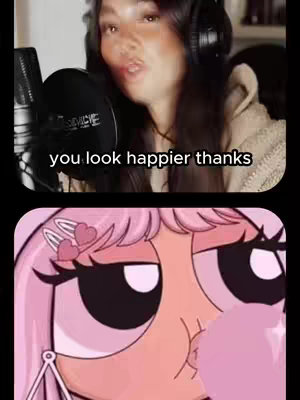 The image is split into two sections. The top half features a woman wearing headphones and using a microphone, with text overlayed. The bottom half displays a cartoon character with pink hair and large eyes blowing a pink bubble.