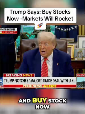 The cover image shows a screenshot from a news broadcast. In the foreground is a clip of Donald Trump speaking with an animated rocket graphic on the top right corner. Further down the screen is a text overlay that states 'AND BUY STOCK NOW'.