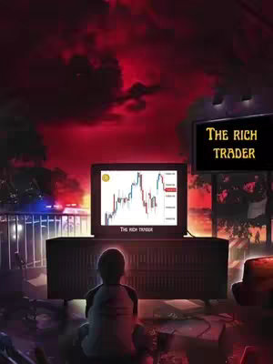 An artistic, stylized image showing a person seated with their back to the viewer, gazing at a flickering old television set. The TV displays a stock chart, implying financial content. A sign on top of the TV shows the words 'THE RICH TRADER', and the background is a dark, dramatic mix of red and black, with the suggestion of city lights or an urban environment with ominous clouds above.