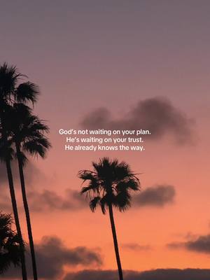 A scenic image with a sunset or sunrise backdrop. Palm trees are silhouetted against a gradient sky with warm orange and purple hues. The composition is simple, with the palm trees providing vertical lines that contrast with the soft clouds. Text is overlaid on the image with a white font, conveying a spiritual message.