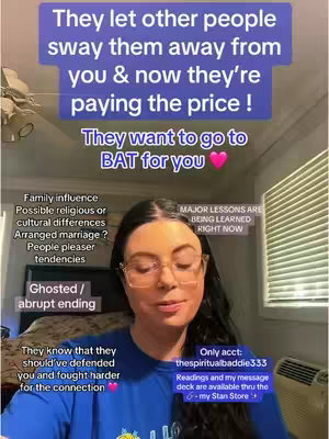 A woman with long dark hair and glasses is centered in the frame, looking directly at the viewer. Overlayed text dominates the top, in purple boxes, speaking on relationships. Additional text appears, listing various factors that can affect a relationship, and contact information for the creator