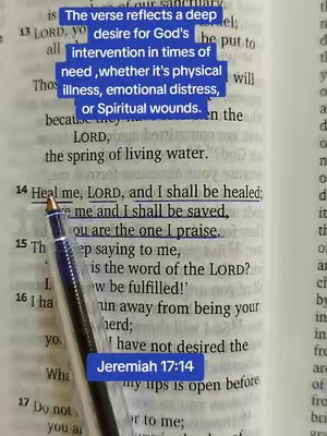 The image shows an open bible with text in black ink and highlighted passages in yellow. A blue pen is positioned to point to a highlighted phrase. Added text boxes at the top and bottom of the image provide commentary.