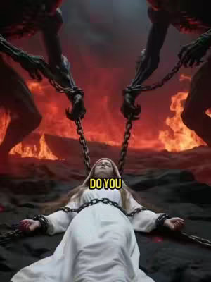 The image depicts a woman in a white robe lying down, seemingly in a hellish environment with flames in the background. She is chained to what appear to be the arms of two shadowy, skeletal figures. The words 'DO YOU' are superimposed on the image.