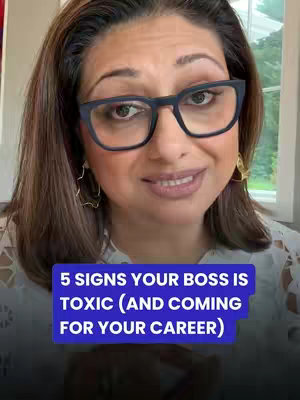 The cover image is a face close-up of a woman with brown hair and glasses, looking directly at the viewer with a slightly concerned expression. A text overlay at the bottom announces, '5 SIGNS YOUR BOSS IS TOXIC (AND COMING FOR YOUR CAREER)'. The background appears to be indoors with a window or light source to the woman's right, creating a soft lighting environment.