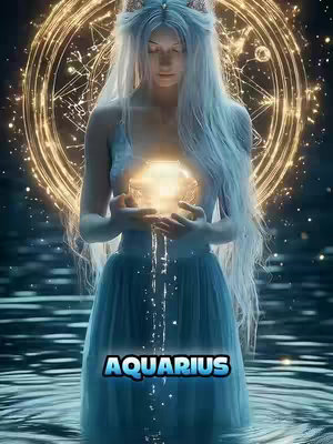 The cover image features a woman standing in water, holding a glowing orb. Behind her is a golden, circular design with intricate patterns. The word "AQUARIUS" is written in a blue and white font at the bottom. The woman is wearing a light blue dress and has long, light blue hair.