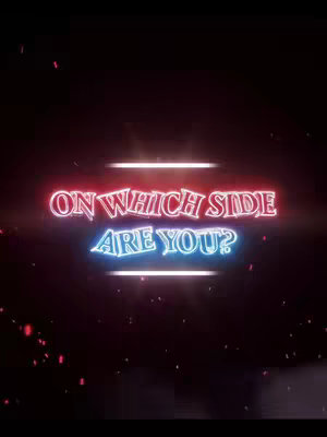 A vertical cover image dominated by a dark background with neon-style text overlayed. The text reads 'ON WHICH SIDE ARE YOU?' in a stylized font; the top half of the text in a red neon appearance, and the bottom half in blue neon. The image has subtle particle effects consisting of small, glowing red dots scattered around the text, adding depth and visual interest.