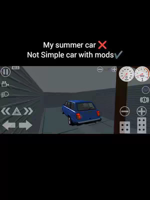 The image shows a 3D rendering of a blue station wagon or sedan-like vehicle. The car is positioned inside a dimly lit, gray-toned garage or enclosed space. The setting appears to be a video game environment with simplistic graphics. On the left side, there are virtual control elements, including directional arrows and a pause button. On the right, there are car gauges. Above the car, text indicates a comparison, showing "My summer car" with a red X and "Not Simple car with mods" with a green checkmark. Additional game controls and indicators are present, showing the game's heads-up display.