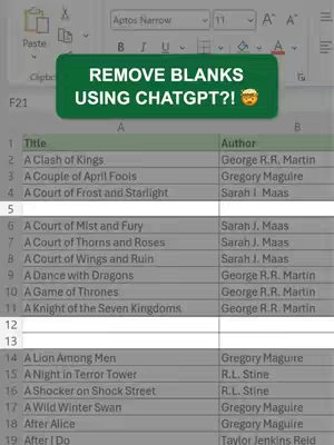 The cover image shows a screenshot of an Excel spreadsheet with a green, rectangular text overlay that reads "REMOVE BLANKS USING CHATGPT?!" An emoji with a thinking face is next to the text. The spreadsheet displays data in columns labeled "Title" and "Author," with several rows. Some rows have corresponding data, while others have blank cells. The ribbon interface of Excel is visible at the top, reinforcing the context of a spreadsheet.