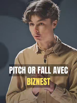 A young man with short, dark hair is centered, looking slightly downward. He wears a collared, tan shirt. Overlayed on the lower portion is a black box containing white text. The text includes the phrase 'PITCH OR FALL AVEC' above 'BIZNEST', which is presented in a yellow color.