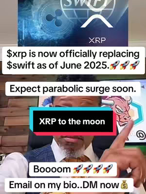 A man in a blazer and tie is shown in front of a background with a graph and XRP logo with overlayed text.