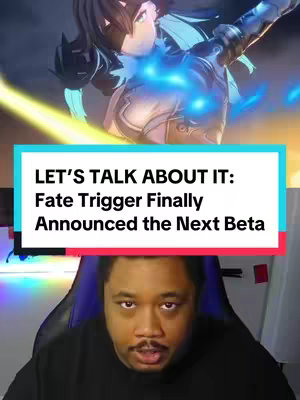 The cover image features a split layout. The top half showcases a vibrant anime character with dynamic action poses and bright light effects, which seems to be from the game "Fate Trigger". Beneath this, there's a bar with the text overlaying a person sitting in front of a camera. The person is a man with short, dark hair and a mustache, looking at the camera. The background behind him suggests a gaming or streaming setup, with a black chair and possibly a monitor.