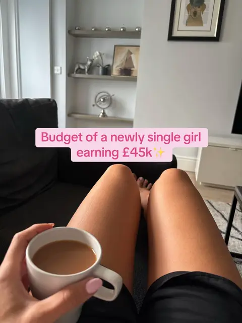 A selfie shot in a well-lit living room. The creator's legs are in the foreground, casually crossed.  A partially visible black sofa, the arm extending to frame the legs, with a white mug held in the creator’s hand with what appears to be a coffee inside. In the background, a wall with shelves and artwork is faintly visible. The lighting is soft, creating a warm and inviting atmosphere.