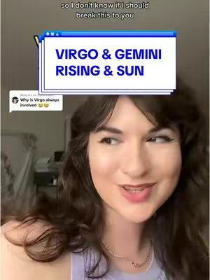 A selfie-style cover image. The main focus is on a woman's face, slightly angled to the side, with dark hair and visible makeup. Overlaid on the image is a white box with stylized text including 'VIRGO & GEMINI RISING & SUN'. Additional text appears above, and there is a comment with a related question. The background is a room setting, with blurred objects and indirect lighting.