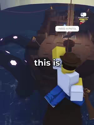 A screenshot from a Roblox game featuring a cartoon-like character in front of a pirate ship, a text bubble says 'I need a pistol'. The character is in the foreground with the ship and the ocean in the background. There is also some text overlayed.