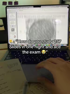 The cover image shows a laptop displaying a study presentation. The laptop is open on a desk with a notebook next to it. The hook text is overlayed on the screen, with a smiling face emoji.