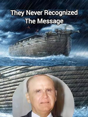 The image is a split composition. The top half depicts an illustration of Noah's Ark on a stormy sea under a dark, cloudy sky. The bottom half features a framed portrait of a man with fair skin, a receding hairline, and a suit.