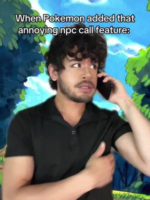 A man with dark hair and a trimmed beard is on a phone call, looking surprised. Behind him is an artistic background with green trees and a blue and white sky.