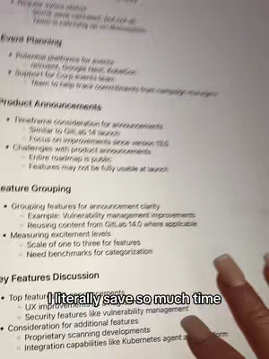 A person’s hand with long nails is seen holding a document that has Event Planning and Product Announcements listed as topic with supporting documentation. A text overlay on the bottom of the image states, "I literally save so much time".