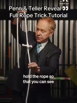 The cover image shows a man in a suit holding a white rope with a knot in it. Text overlays indicate the video is a tutorial for a rope trick.