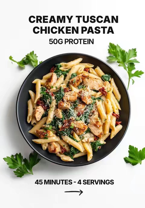 A top-down image of a black bowl filled with creamy Tuscan chicken pasta. The pasta is penne, mixed with spinach, sun-dried tomatoes, and pieces of cooked chicken. Grated parmesan cheese is sprinkled on top. Green sprigs of parsley are placed around the bowl, which is set against a white background. The text 'CREAMY TUSCAN CHICKEN PASTA' is at the top, with the text '50G PROTEIN' below it. At the bottom, the text '45 MINUTES - 4 SERVINGS' is present with an arrow pointing right.