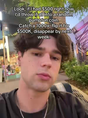 A young man is centered, facing the camera, set against a blurred outdoor background. He's wearing a dark t-shirt and a silver chain, with the overlay text providing a conversational hook about a crypto investment strategy.