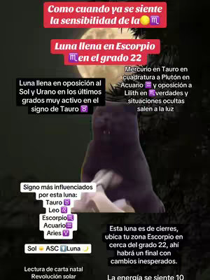 The cover image is a vertical graphic with astrological information. The background shows a blurred, dark image. Overlaid on this are multiple text boxes in red and white. The top text box has the text 'Como cuando ya se siente la sensibilidad de la'. Below this, a text in a white box with the text 'Luna llena en Escorpio en el grado 22'. Additional text boxes provide further astrological details, including the influence of the full moon in Scorpio on various zodiac signs. Other texts provide more information about the signs and important astrological events.