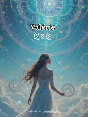 A digital artwork features a woman from the back with long brown hair, wearing a white dress. She stands amidst a dreamy background of clouds, stars, and a large, intricate circular design. The text overlay at the top of the image says 'Valérie' in bold, with three heart symbols below. The overall effect is mystical and ethereal.