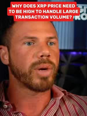 The cover image features a man with a beard from the chest up, positioned in front of a blurry background. Above the man's head, a red rectangular text overlay poses a question about the need for XRP's price to be high to handle transaction volume. The man has a serious expression.