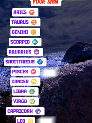 A vertical image featuring a list of zodiac signs with their symbols, set against a backdrop of a dark ocean under a cloudy sky. The design uses a color-coded scheme for the zodiac signs, presented in a column with each sign in a different color. A title is displayed at the top, with a prominent white box near the center adding visual emphasis.