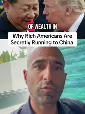The cover image is split into two sections. The top half shows a split image of Xi Jinping and Donald Trump with overlaid text that says "OF WEALTH IN." The bottom half shows a man with a shaved head looking directly at the camera and speaking, positioned indoors in front of a background of green vegetation.