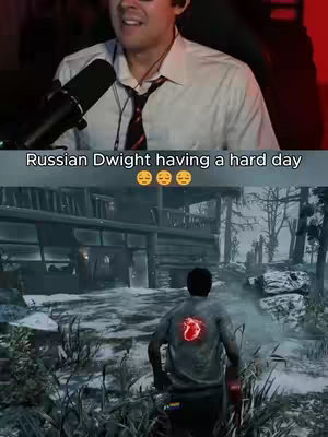The image is a split-screen. The top half shows a close-up of a man speaking with a microphone. He wears a white shirt and tie with a somewhat serious expression. The bottom half depicts a character from a video game walking away from a dilapidated building in a snowy, forested environment; the character's back is towards the viewer.