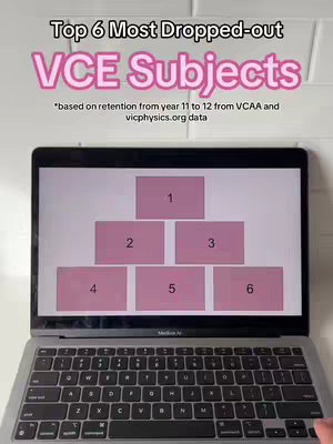 A laptop screen displays a list of VCE subjects. The screen shows a pink-colored box with numbers within. Below the laptop there is an unidentifiable surface. Text overlays at the top.
