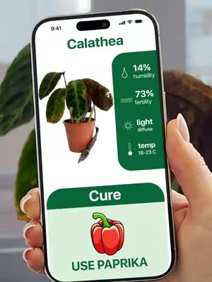 The image showcases a smartphone displaying an app designed to identify and care for plants. The app on the screen displays a picture of a Calathea plant, alongside data about humidity, fertility, light and temperature. The app is held by a person with pale skin and manicured nails.