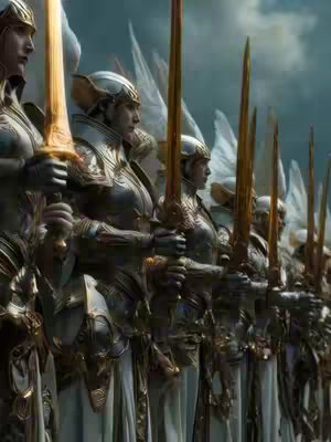 The image shows a line of armored figures holding golden swords. They stand in formation, with wings visible in the background, against a cloudy sky.