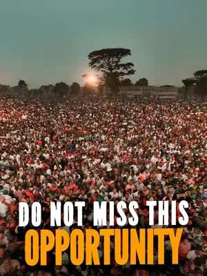 An aerial shot captures a dense crowd of people filling a vast field. The multitude is composed of individuals wearing a variety of clothing, mostly light-colored, creating a sea of color. A large tree stands distinctly in the background, silhouetted against the light sky. The text overlayed on the image reads, 'DO NOT MISS THIS OPPORTUNITY' in bold, contrasting fonts. The composition emphasizes the scale of the gathering and the message's urgency.