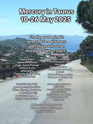 The cover image shows a road leading into the distance, with the sky and mountains in the background on each side of the road. Overlayed on the road are multiple blocks of white text creating the hook for the video, which is about the Astrology sign of Mercury in Taurus.