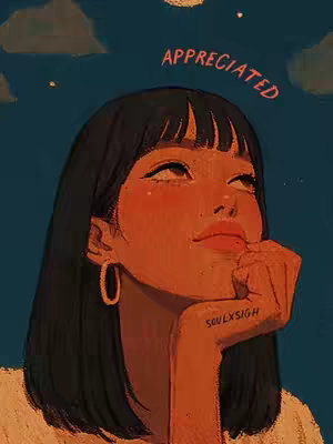 An illustration of a young woman looking upward towards the sky, with the word "APPRECIATED" arched above her head. The background is a dark blue sky with a crescent moon and stars, and the woman has dark hair and rosy cheeks. She is resting her chin on her hand, and a tattoo is visible on her wrist.