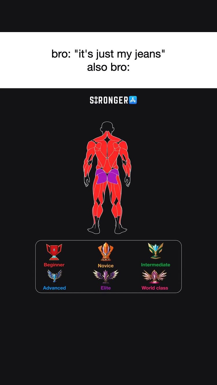 The cover image is a meme-style graphic set against a black background. At the top, white text reads "bro: 'it's just my jeans'" above "also bro:". Below this is an illustration of a muscled male figure in a simplified anatomical diagram style, with muscles highlighted in red and some areas in purple. Beneath the figure are badges that present different levels of fitness, with the Stronger app logo at the top