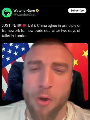 A selfie-style video cover shows a man speaking to the camera with flags of the United States and China in the background. Text overlays indicate the context of the video with the Watcher.Guru logo.