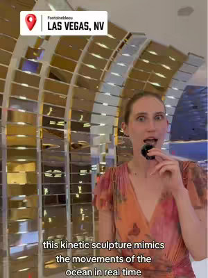 The cover image shows a woman holding a small black object and looking at the camera with a surprised expression. Behind her is a wall of golden, rectangular panels. Above her head, there's a location tag reading “Fontainebleau LAS VEGAS, NV”