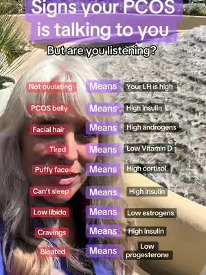 The cover image shows a person with long, wavy hair. The image is a selfie-style shot, with a background of a blurred outdoor setting. Overlay text in a purple banner reads, 'Signs your PCOS is talking to you' and 'But are you listening?'. Below are visual labels about the symptoms.