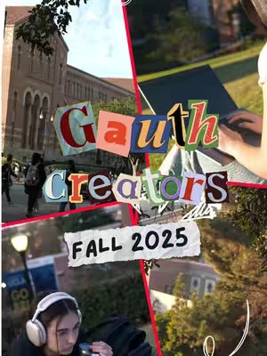 The cover image is a collage of scenes, featuring the text 'Gauth Creators'. The word 'Gauth' is in a colorful, playful font, while 'Creators' is in a different font. The top portion is a split-screen with images of college buildings next to a shot where a creator is working on a laptop.. Another is of a person wearing headphones looking at a phone. The background is a collage of campus scenes.