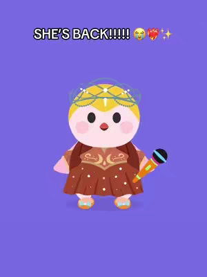 An illustrated cartoon character resembling a showgirl holds a microphone. The character has a yellow face, large black eyes, a red smiling mouth, and is wearing a brown dress with a golden decorative pattern and a matching headpiece. The background is a solid purple color, and the text "SHE'S BACK!!!!!" is above the character.