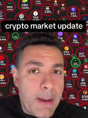 A man with dark hair and a dark shirt looks directly at the camera, with the words 'crypto market update' in a black bar at the top. In the background are small circles with cryptocurrency logos and percentages.