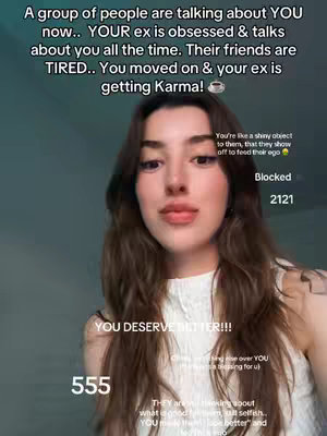 The cover image features a woman with long brown hair in a close-up shot. She is looking towards the viewer. Text overlays include messages about an ex, karma, and numerical symbols. The background is a blurred gradient.