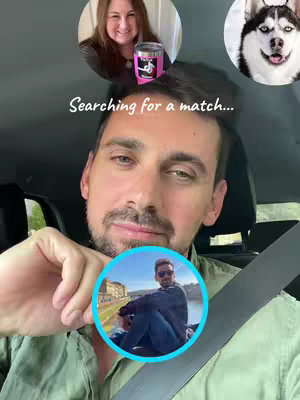 The cover image shows the creator, a man with dark hair and facial hair, taking a selfie from inside a car. Overlayed are three circular profile pictures: a woman holding a cup and a plushie, a husky dog, and a man in sunglasses in a travel scene. The text 'Searching for a match...' floats above the creator's head.
