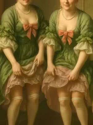 An artistic painting featuring two women in green and pink dresses, with visible legs and stockings. The women are facing the viewer, their hands slightly lifting their skirts.