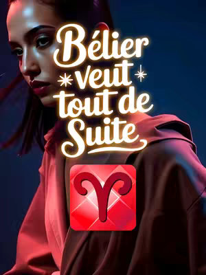 The image features a woman with dark hair and makeup against a dark blue and red background, with the text 'Bélier Veut Tout de Suite' in a stylized, glowing font. An Aries symbol is superimposed at the bottom.