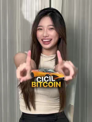 A young woman with long brown hair smiles and points with both index fingers towards the center. A CGI orange sports car is positioned as if held between her fingers, with the words 'CICIL BITCOIN' in a yellow and gold 3D font overlaid on the car.