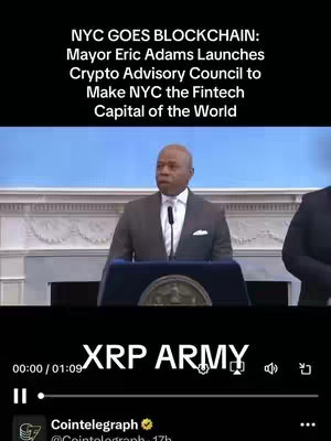 The cover image shows Mayor Eric Adams speaking at a lectern, with text overlays announcing the launch of a Crypto Advisory Council in NYC. The background is a light blue, and the scene appears to be indoors, likely at Gracie Mansion, where the summit was held. A video player interface is overlaid at the bottom.